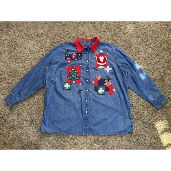 KAREN SCOTT Chambray Button Shirt Cord Collar Christmas Santa Stockings 2X READ - Picture 5 of 10
